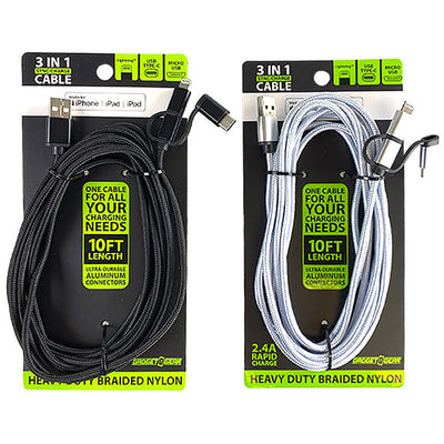 ITEM NUMBER 022424 10FT 3 IN 1 USB-TO-LIGHTNING / MICRO-USB / USB-C CABLE 6 PIECES PER DISPLAY