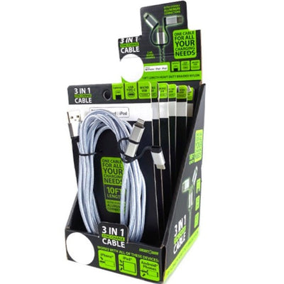 ITEM NUMBER 022424 10FT 3 IN 1 USB-TO-LIGHTNING / MICRO-USB / USB-C CABLE 6 PIECES PER DISPLAY