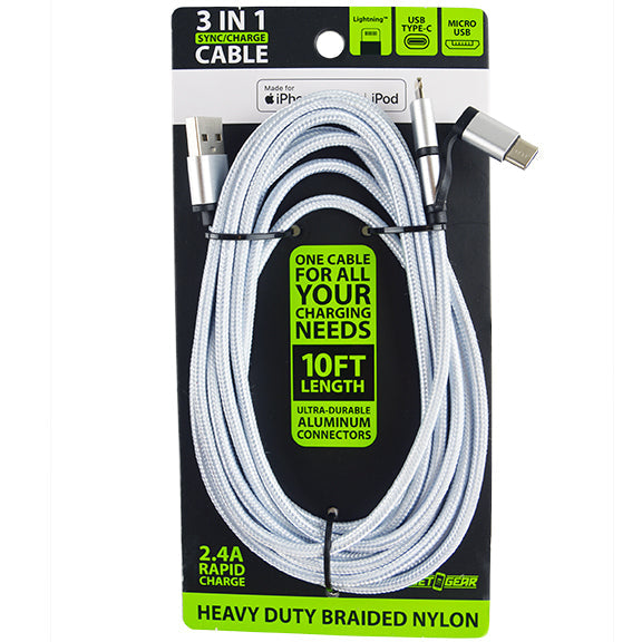 ITEM NUMBER 023006 10FT 3 IN 1 USB-TO-LIGHTNING / MICRO-USB / USB-C CABLE 6 PIECES PER DISPLAY