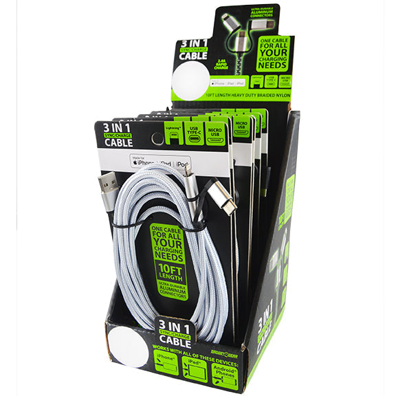 ITEM NUMBER 023006 10FT 3 IN 1 USB-TO-LIGHTNING / MICRO-USB / USB-C CABLE 6 PIECES PER DISPLAY