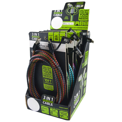 ITEM NUMBER 023100 10FT 3 IN 1 USB-TO-LIGHTNING / MICRO-USB / USB-C CABLES 6 PIECES PER DISPLAY
