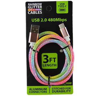 ITEM NUMBER 023609MN 3FT RAINBOW GLITTER USB-TO-USB-C CABLES 20 PIECES PER PACK