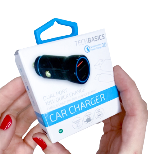ITEM NUMBER 026248 2.4A 18W DUAL PORT CAR CHARGER TECH BASICS 5 PIECES PER PACK