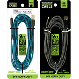 Charging Cable Braided Nylon Assortment 9FT 2.4 Amp- 12 Pieces Per Retail Ready Display 88254
