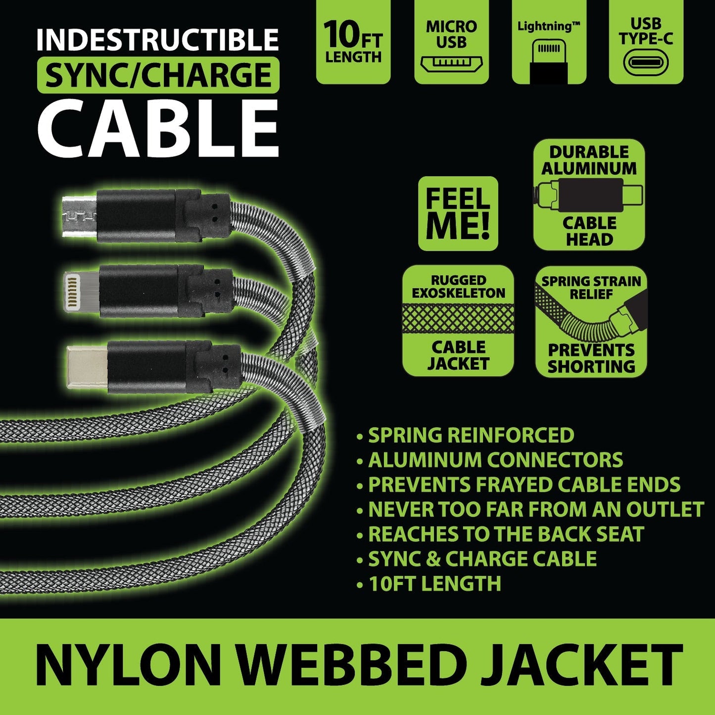 ITEM NUMBER 088294 10FT INDESTRUCTIBLE CHARGE CABLE VARIETY 6 PIECES PER DISPLAY