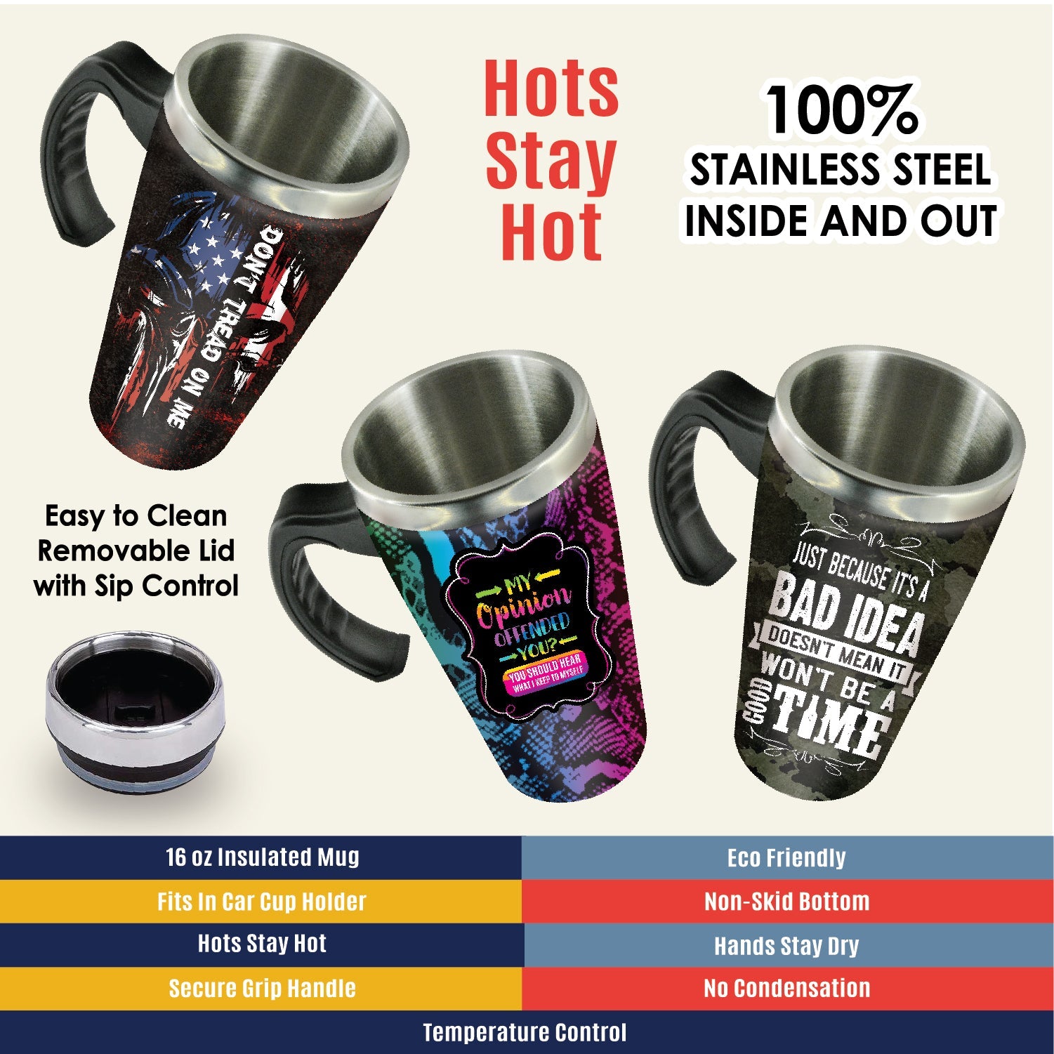 Novelty Inc. 16 oz. Stainless Steel Thermal Printed Travel Coffee Mug with  Lid and Handle - Get it Done