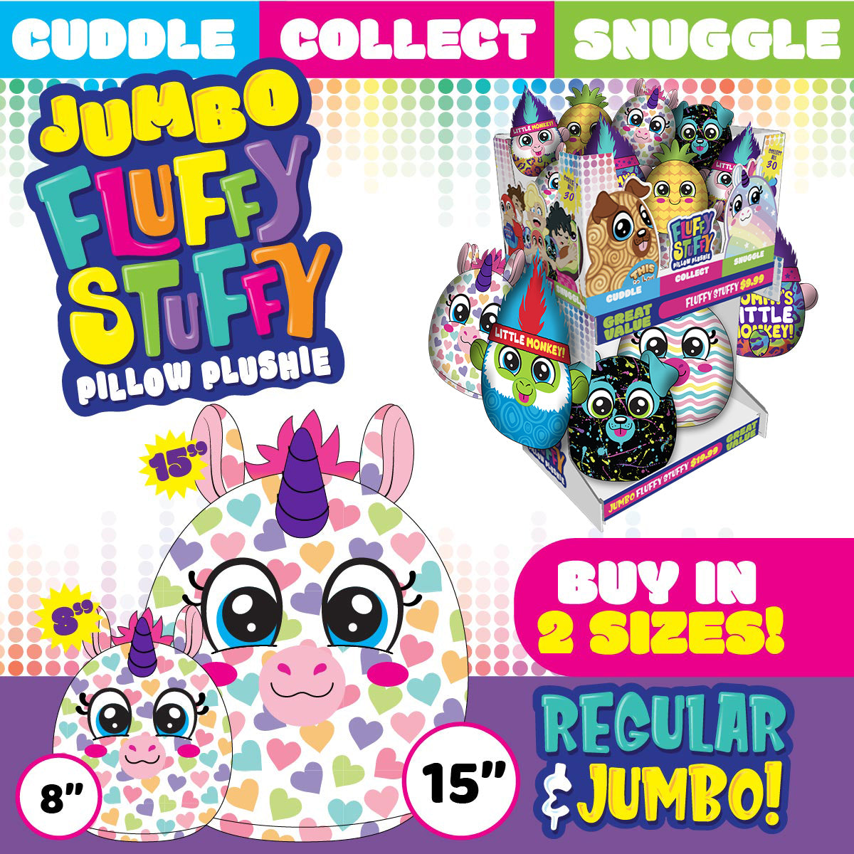 ITEM NUMBER 088438 JUMBO FLUFFY STUFFY PILLOW PLUSHIE FLOOR DISPLAY 30 PIECES PER DISPLAY